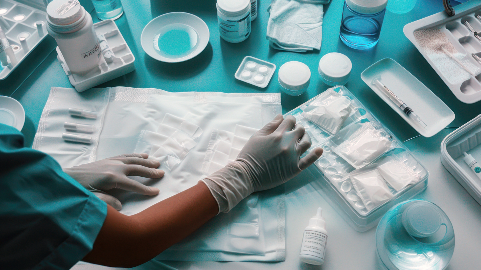 Healthcare professional organizing sterile medical supplies on a tray